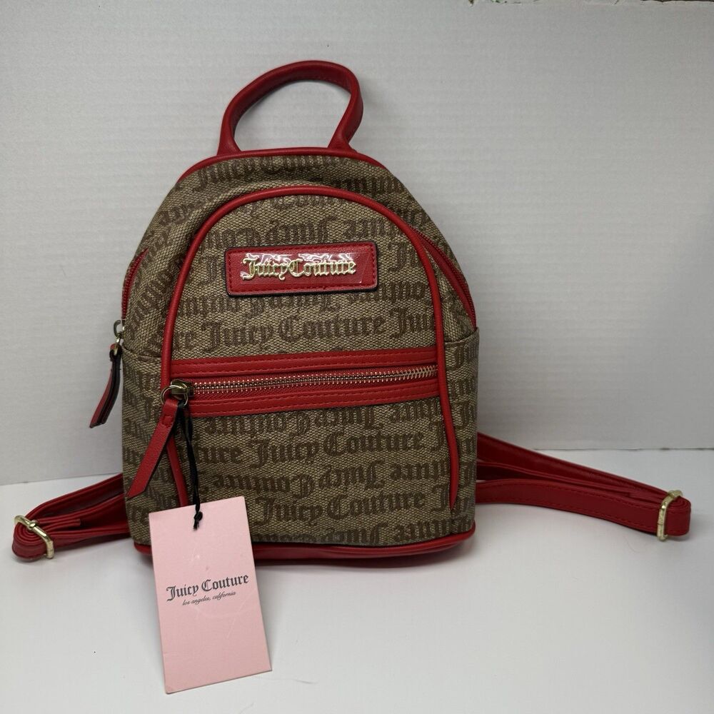 Juicy Couture Brown Logo Print Red Trim Mini Adjustable Backpack New